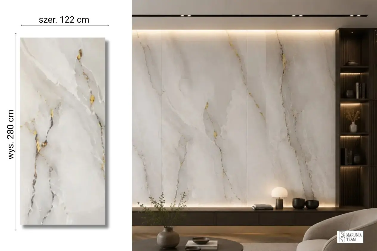 Calacatta Gold na ścianie w salonie — płyta węglowa SPC matowa 280x122 cm