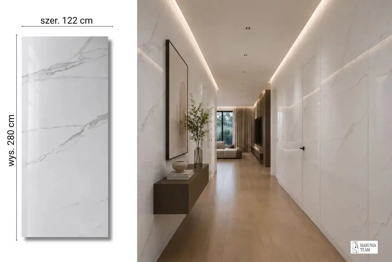 Calacatta White na ścianie w łazience — płyta węglowa SPC błyszcząca 280x122 cm