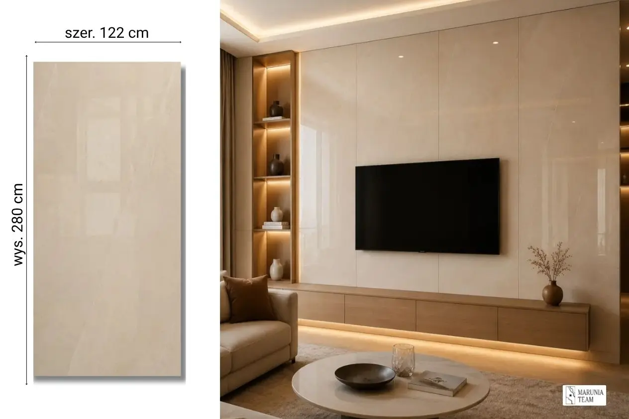 Crema Marfil na ścianie w salonie — płyta węglowa SPC błyszcząca 280x122 cm