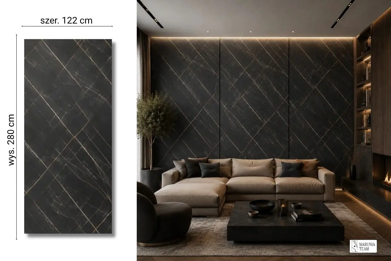 Nero Marquina Gold na ścianie w salonie — płyta węglowa SPC matowa 280x122 cm