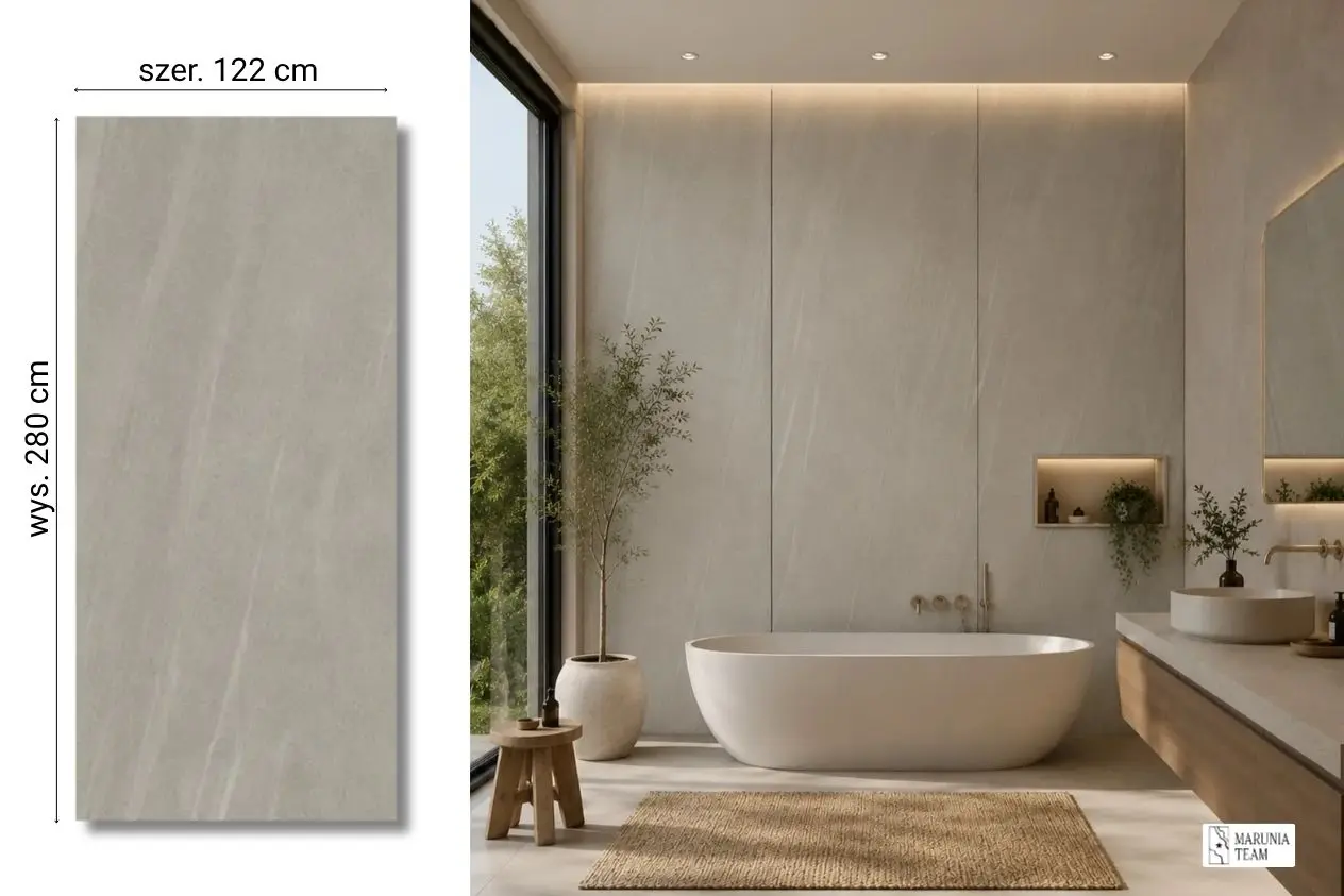 Arena Grey na ścianie w łazience — płyta węglowa SPC matowa 280x122 cm