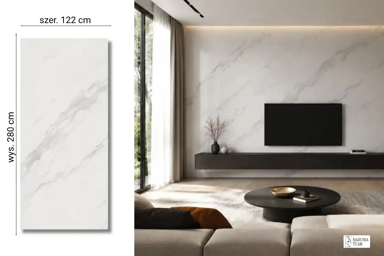 Calacatta Classic na ścianie w salonie płyta węglowa SPC matowa 280x122 cm