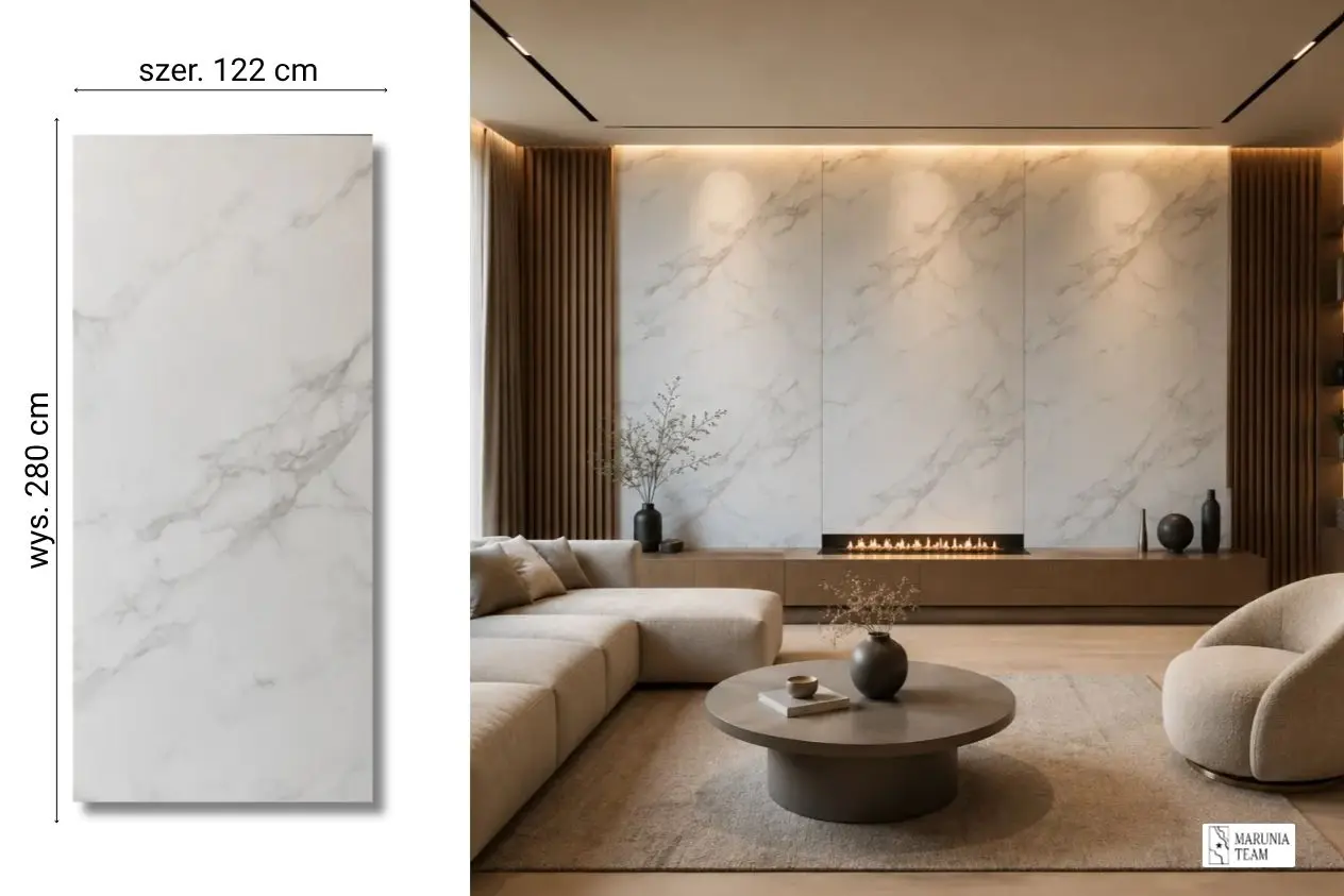 Carrara Blanco na ścianie w salonie — płyta węglowa SPC matowa 280x122 cm
