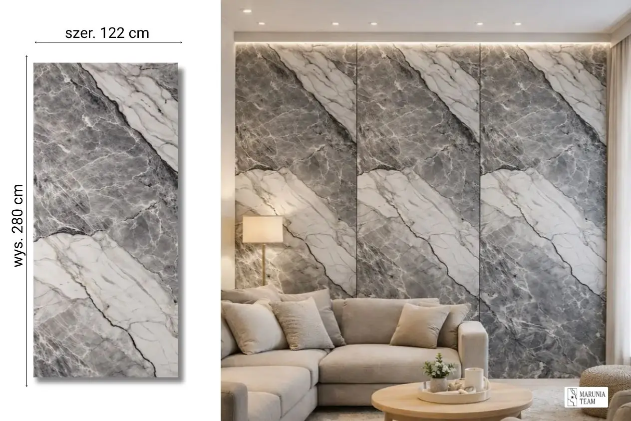 Elegant Grey na ścianie w salonie — płyta węglowa SPC błyszcząca 280x122 cm