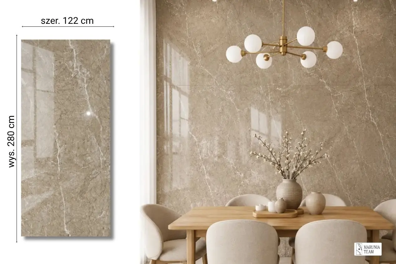Emparador Grey na ścianie w jadalni płyta węglowa SPC błyszcząca 280x122 cm