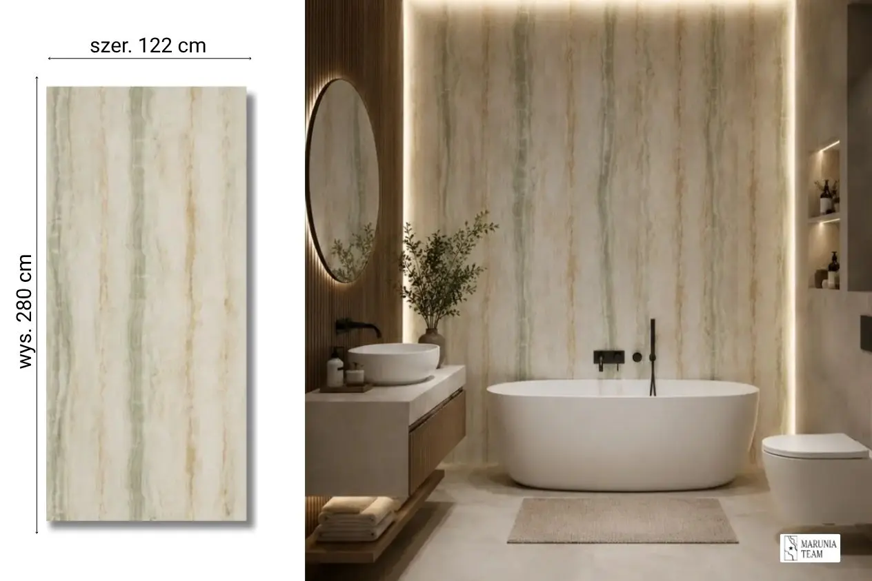 Green Marble na ścianie w łazience — płyta węglowa SPC matowa 280x122 cm