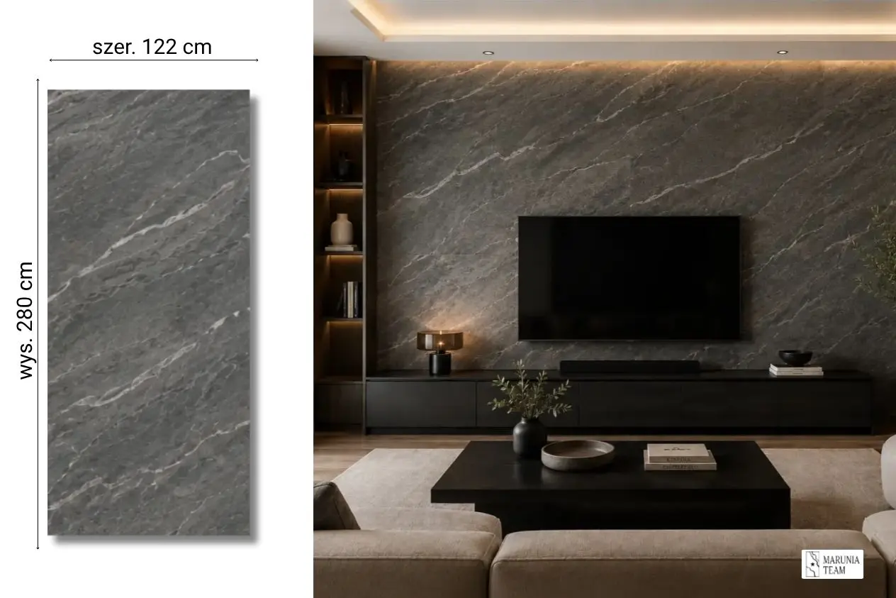 Majestic Dark na ścianie w salonie — płyta węglowa SPC matowa 280x122 cm