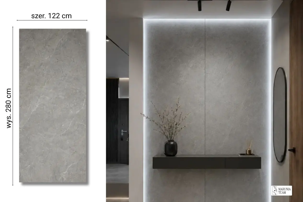 Skyros Silver Light na ścianie w salonie — płyta węglowa SPC matowa 280x122 cm