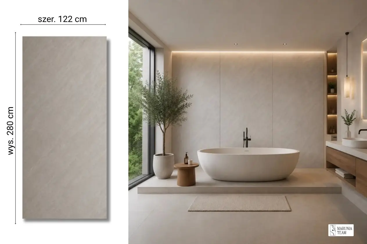 Thassos White na ścianie w łazience — płyta węglowa SPC matowa 280x122 cm
