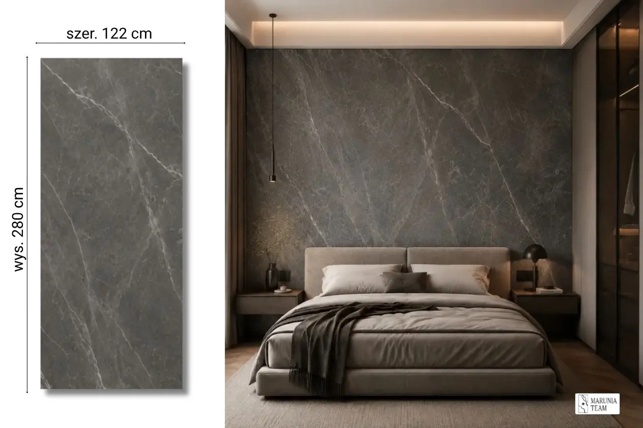 Whisper Graphite na ścianie w sypialni — płyta węglowa SPC matowa 280x122 cm